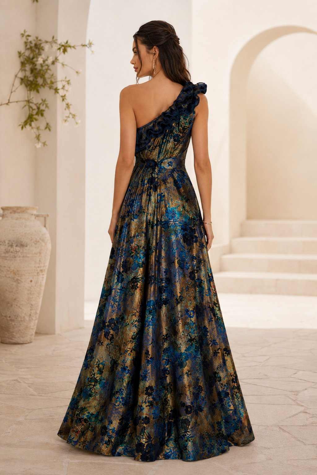 Blumen-Jacquard-Abendkleid mit One-Shoulder-Rüsche