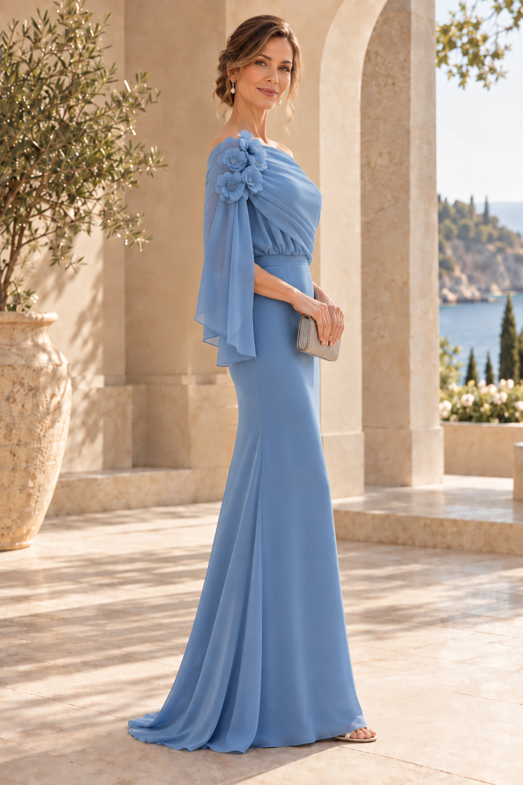 Off-the-Shoulder Draped Gown with 3D Flowers