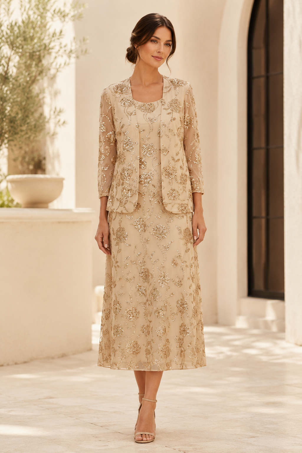 Midikleid mit Pailletten-Blumenmuster und Jacke