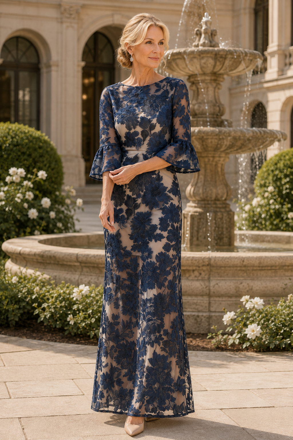 Blumenspitzen-Abendkleid mit Glockenärmeln und bodenlangem Saum