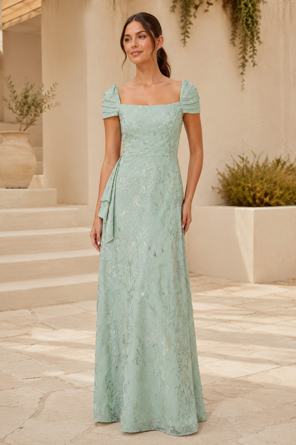 Geblümtes Jacquard-Kleid mit Kappenärmeln und seitlicher Drapierung