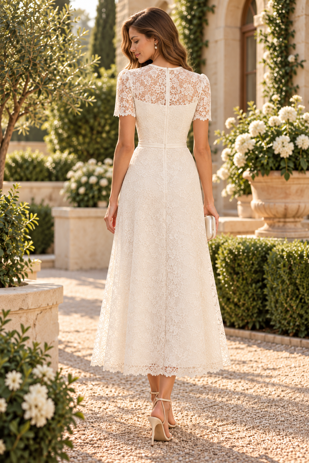 Lace Short Sleeve A-Line Tea-Length Dress