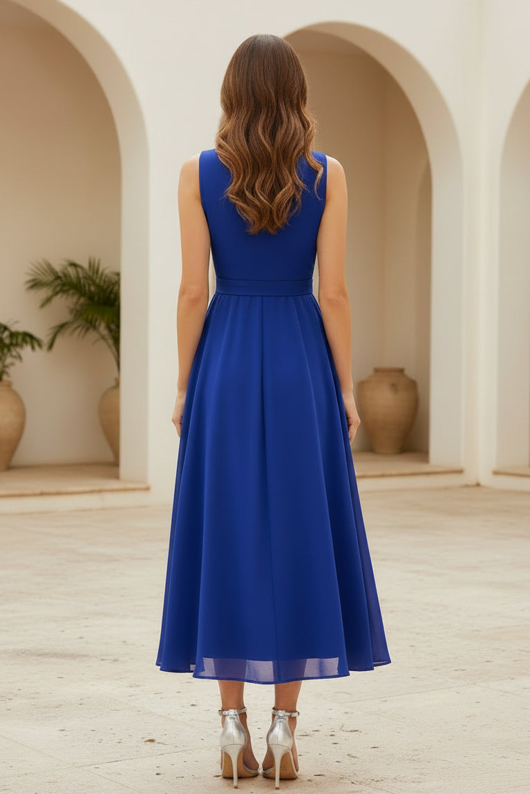 Plissiertes V-Ausschnitt A-Linien Chiffon Midikleid