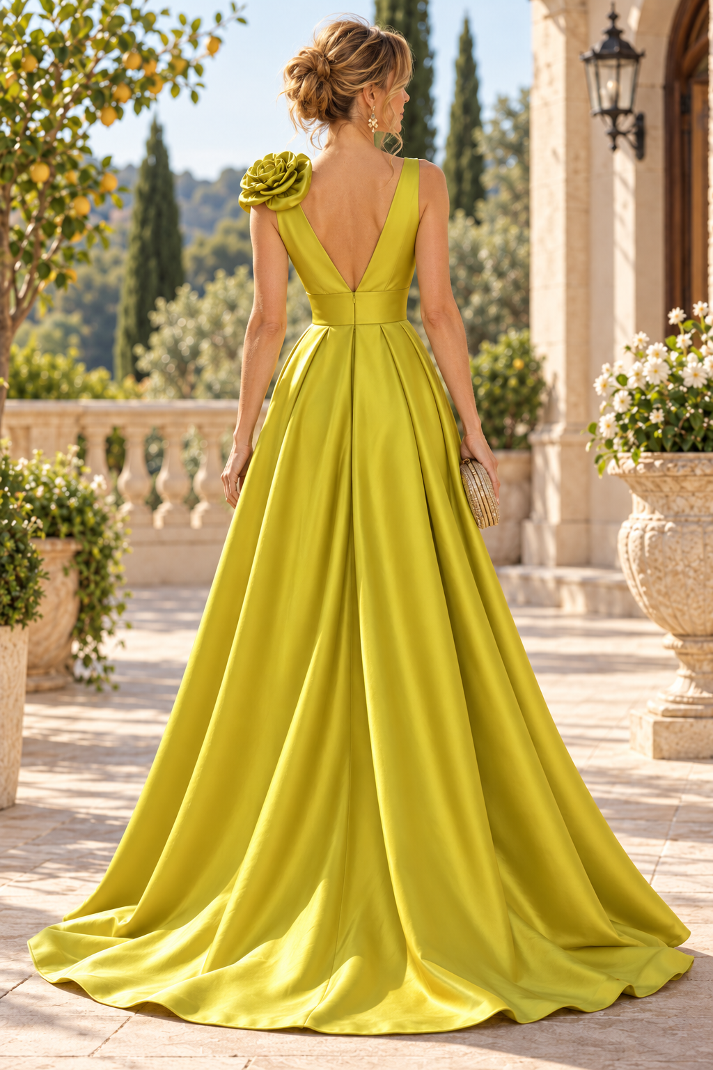 A-Line Satin Gown with Rosette and Slit