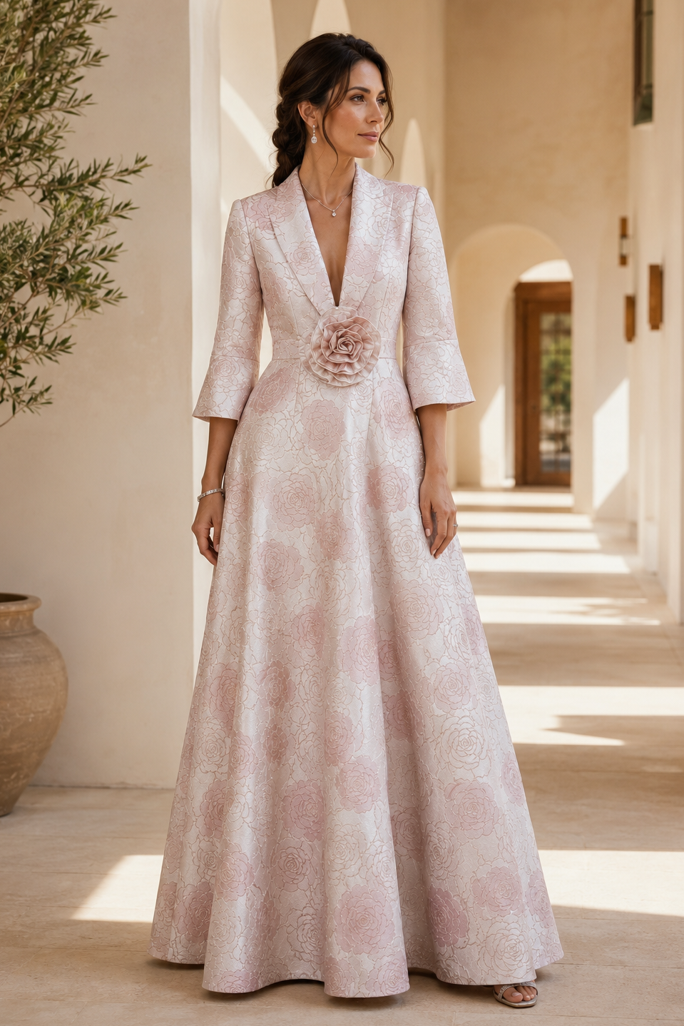 Geblümtes A-Linien-Jacquardkleid mit 3/4-Glockenärmeln