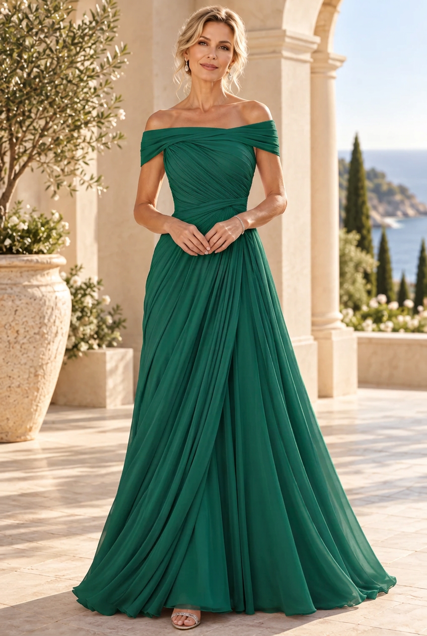 Off-the-Shoulder Pleated Chiffon A-Line Gown