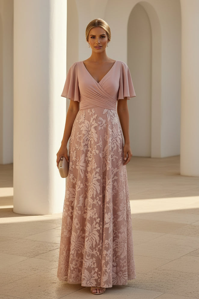 Maxi-Abendkleid mit V-Ausschnitt, Spitze, A-Linie und ausgestellten Ärmeln