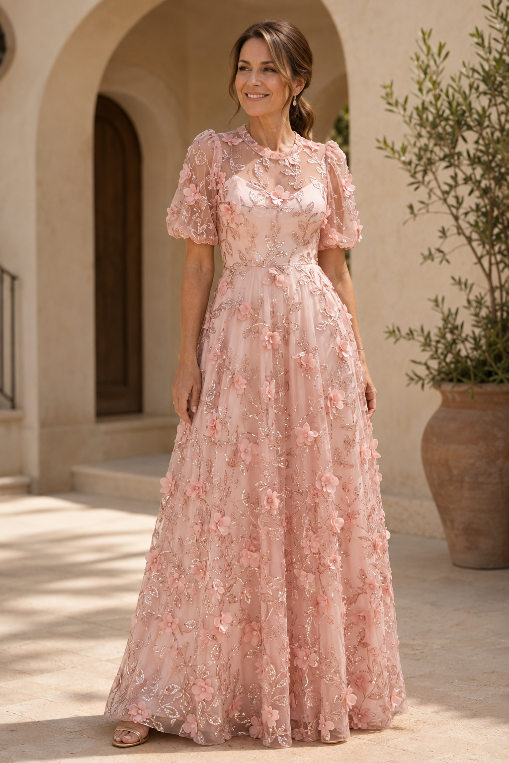 3D-Blumenapplikationen Puffärmel A-Linien-Kleid