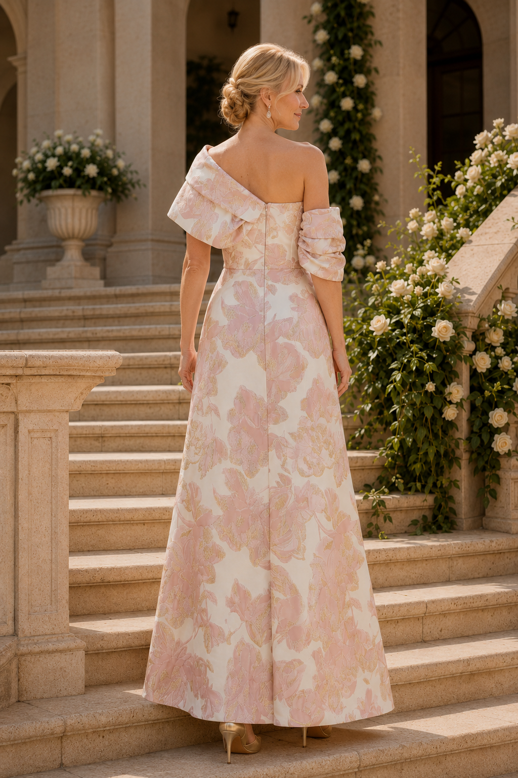 Abendkleid aus plissiertem Jacquard mit A-Linie und One-Shoulder-Träger