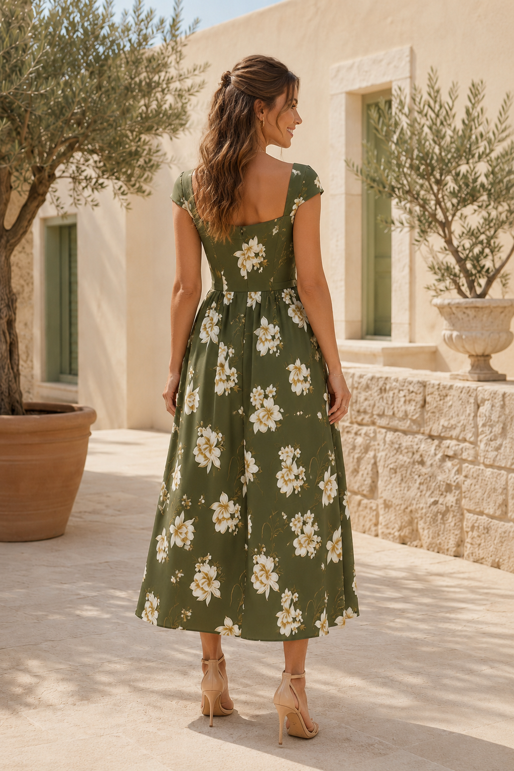 Midi-Kleid mit Blumenmuster, eckigem Ausschnitt und kurzen Ärmeln