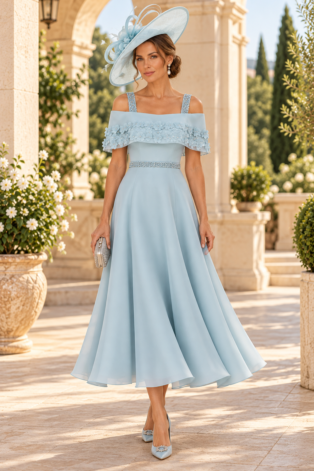 Cold-Shoulder Tea-Length Dress with Bow