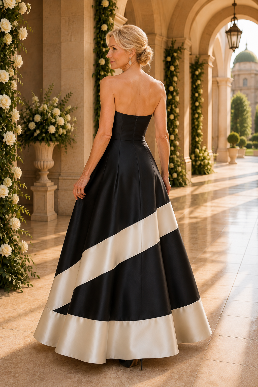 Trägerloses A-Linien-Kleid mit diagonalem Kontrastband