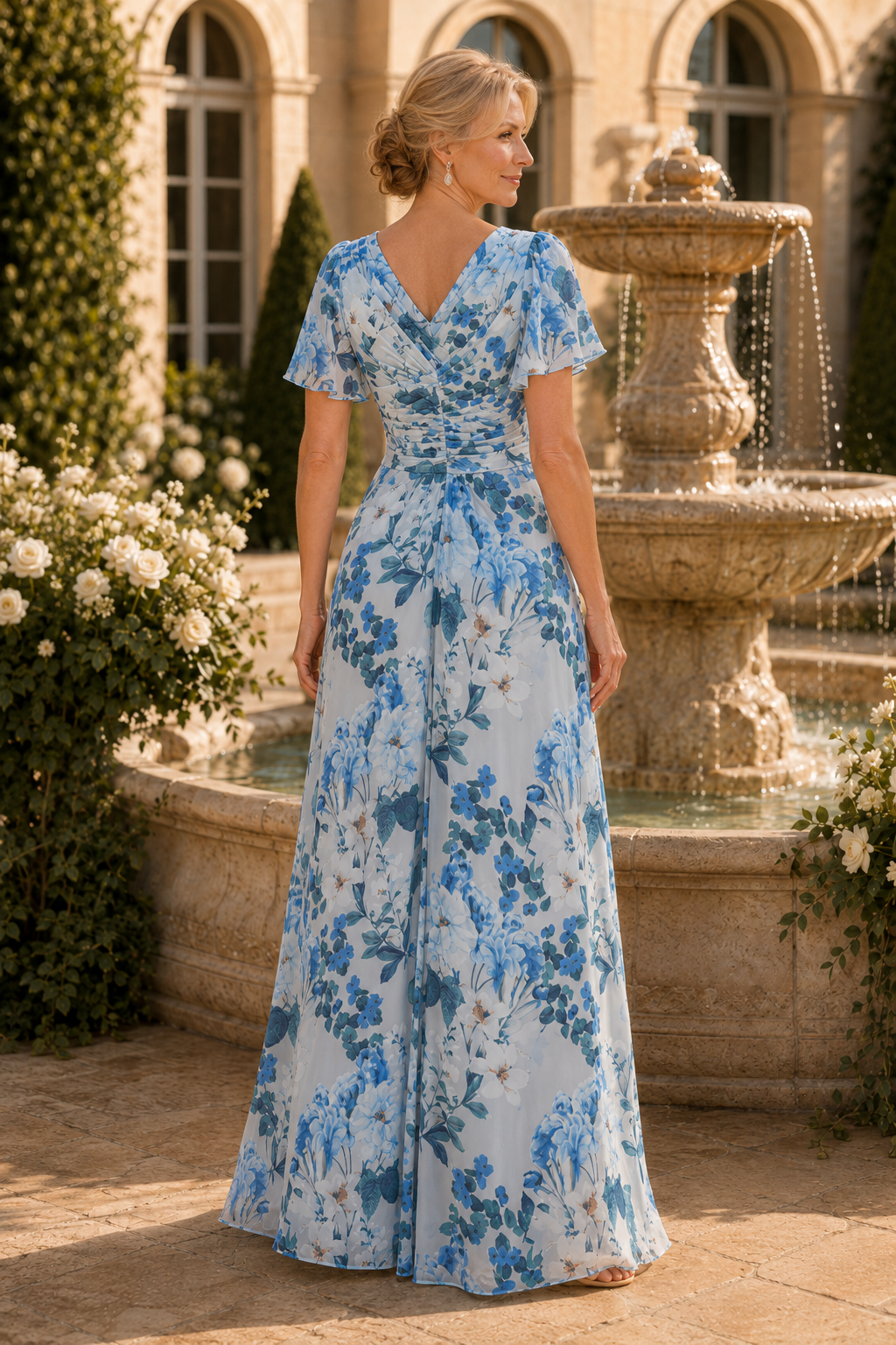 Geblümtes Maxikleid mit Raffungen am Oberteil und Volantärmeln