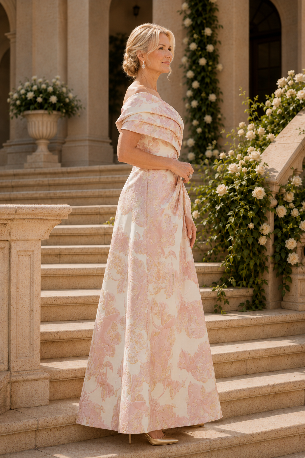Abendkleid aus plissiertem Jacquard mit A-Linie und One-Shoulder-Träger