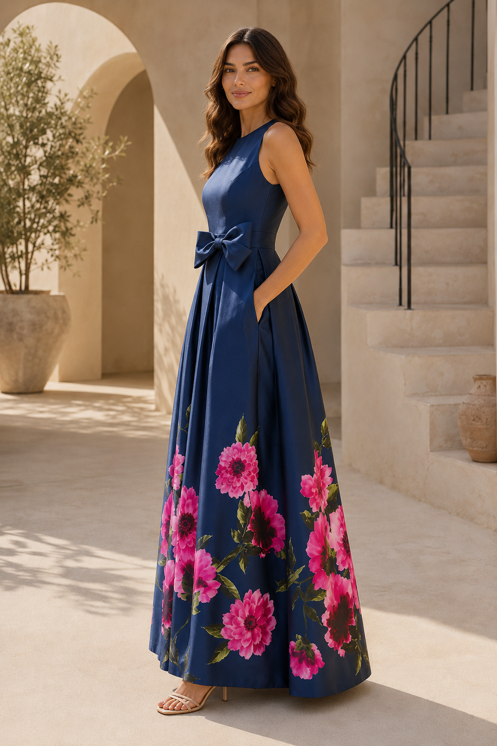 Blumendruck Abendkleid mit Schleifengürtel in A-Linie