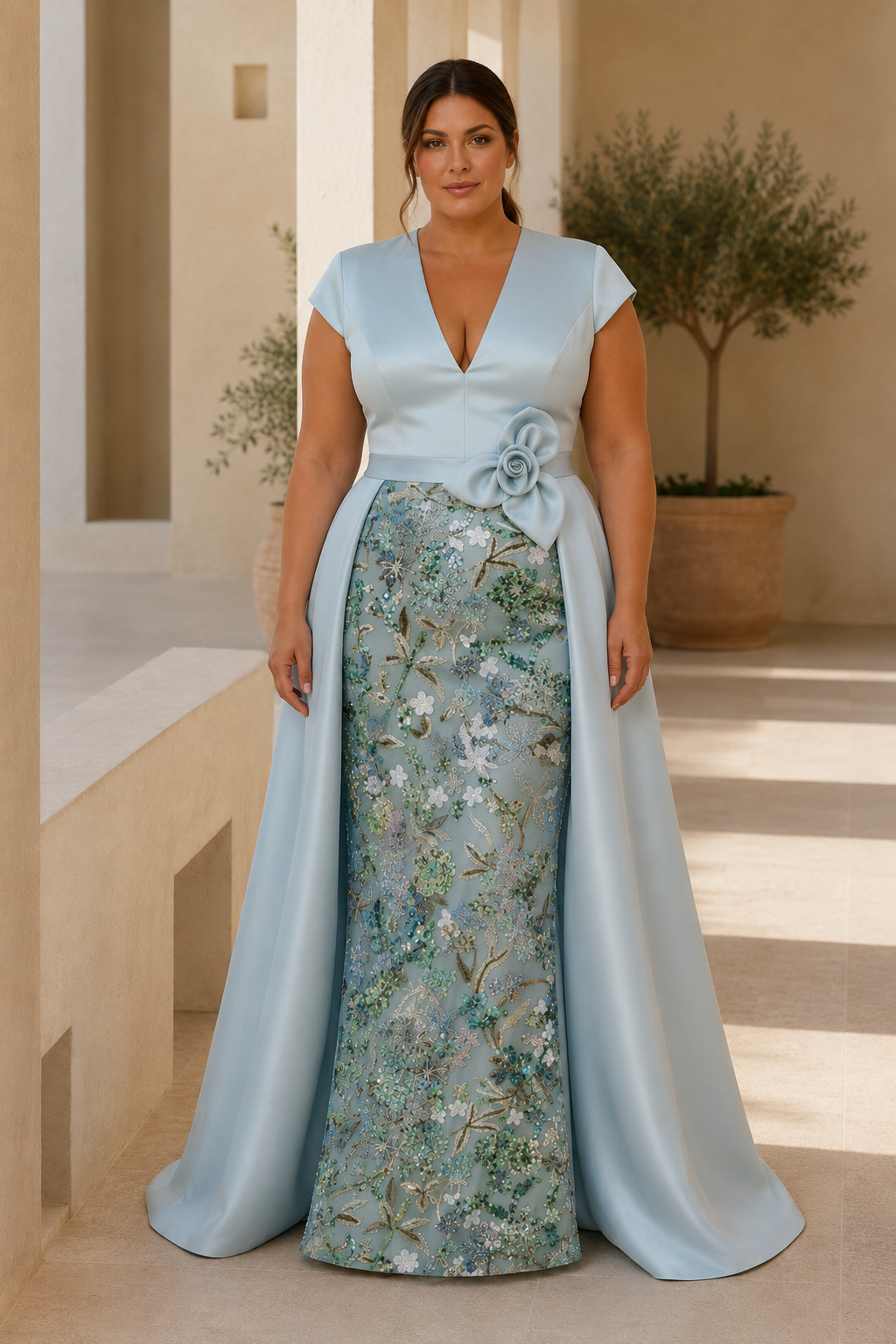 Blumenbesticktes Kleid mit Satin-Überrock