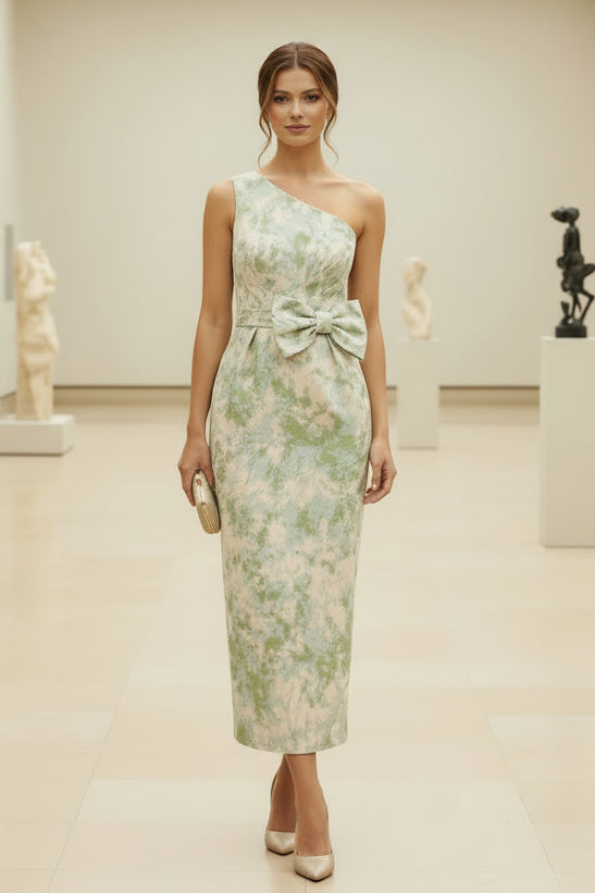 Jacquard-Midikleid mit One-Shoulder-Träger und Schleifendetail