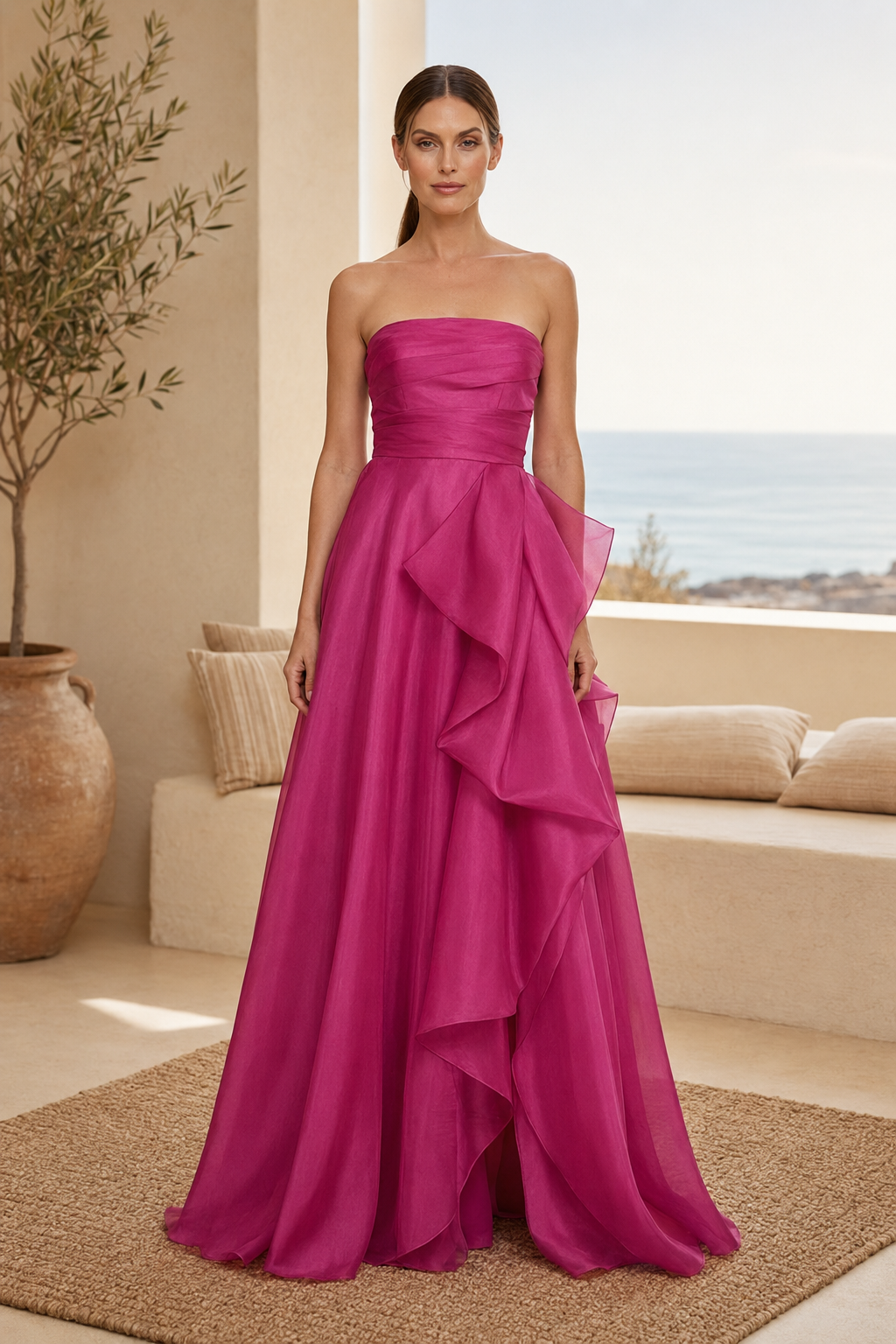 Trägerloses A-Linien-Kleid mit gerafftem Oberteil und Kaskadenrüsche