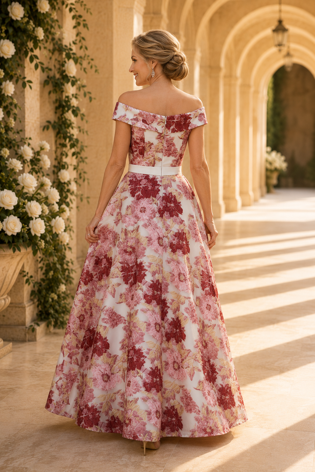 Schulterfreies geblümtes A-Linien-Kleid mit Taillenbund