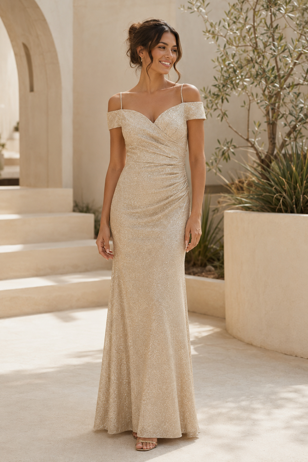 Schulterfreies Pailletten Meerjungfrauen-Abendkleid