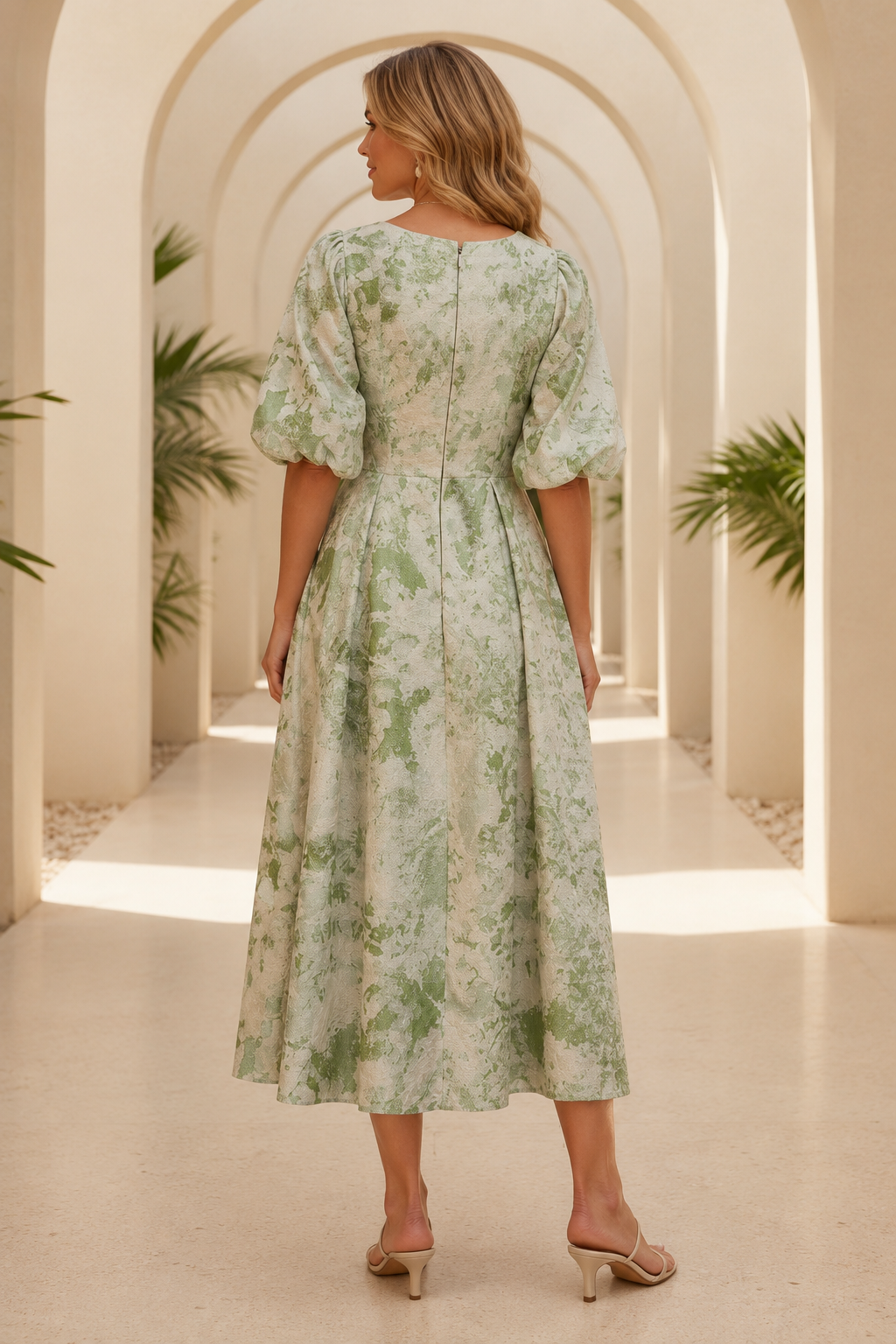 Midi-Kleid aus floralem Jacquard mit Puffärmeln