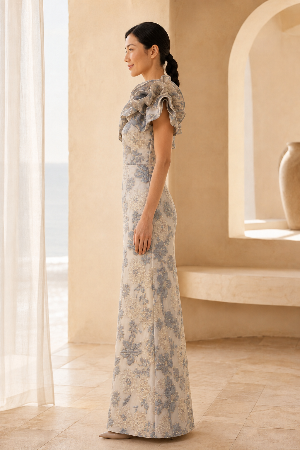 One-Shoulder-Abendkleid aus floralem Jacquard mit Rüschenbesatz