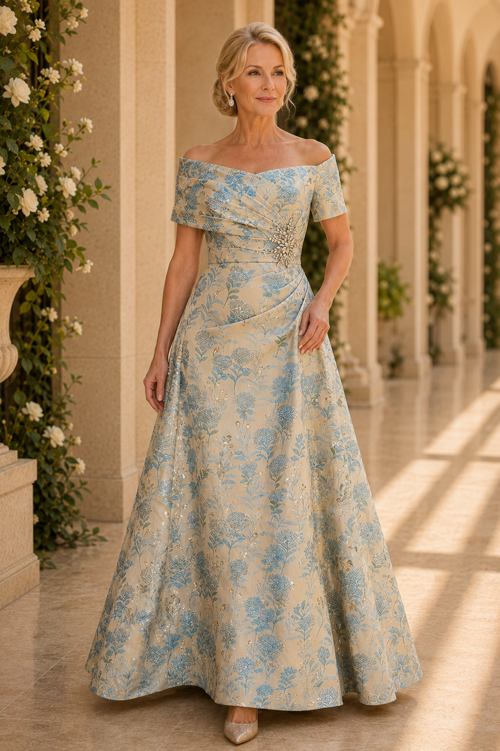 Blumen-Jacquard-A-Linien-Kleid mit Carmen-Ausschnitt
