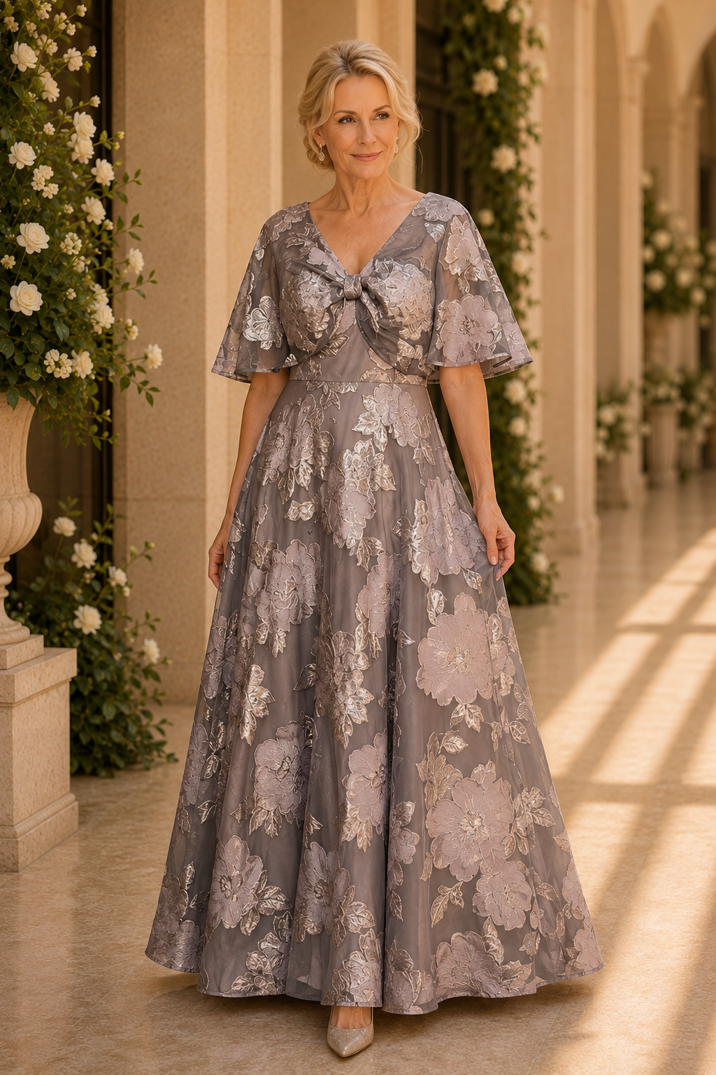 Blumen-Jacquard-Capelet A-Linien-Abendkleid