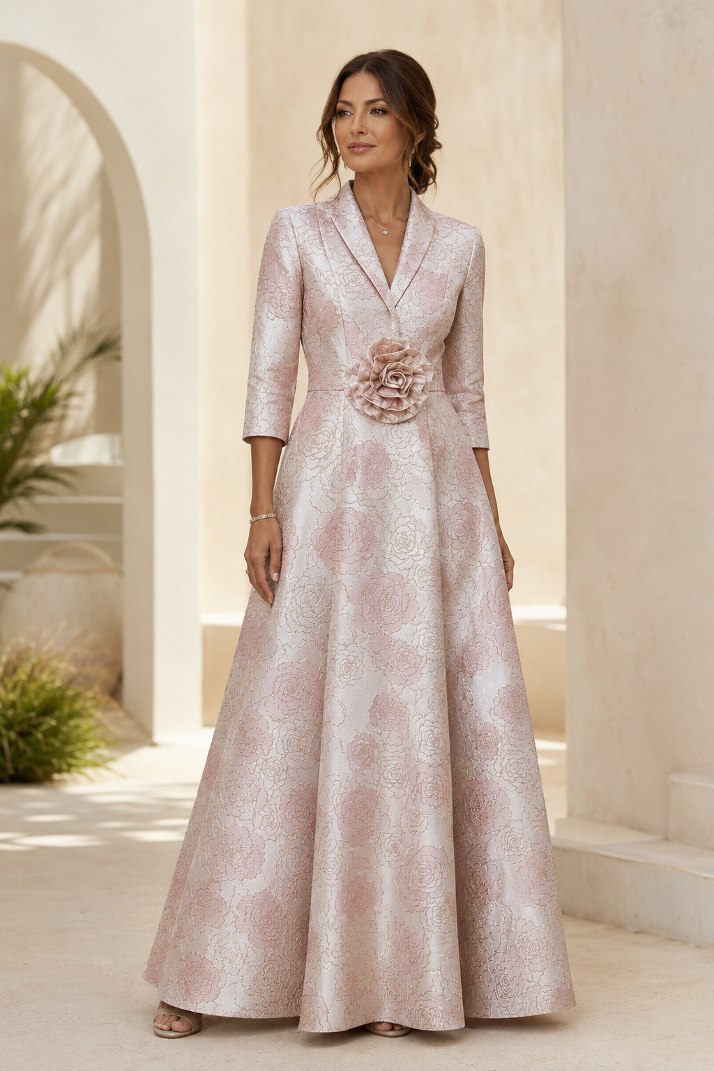 Geblümtes Jacquard A-Linien-Kleid mit 3/4-Ärmeln