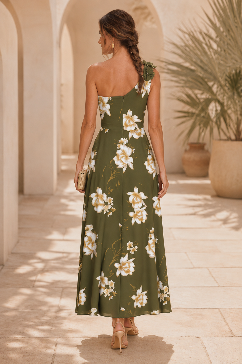Blumen-Midikleid mit One-Shoulder-Träger und 3D-Blume