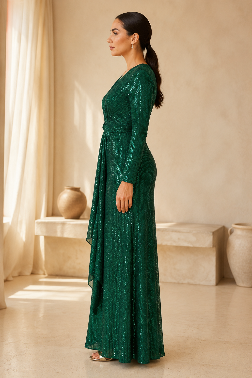Langärmeliges Paillettenkleid mit drapiertem Vorderrock