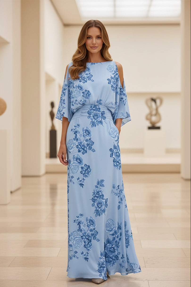 Geblümtes schulterfreies Maxikleid mit Taschen