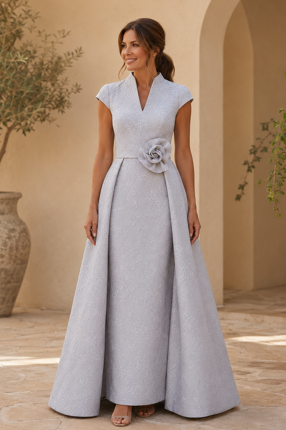 Elegantes Jacquard-A-Linien-Kleid mit 3D-Blume