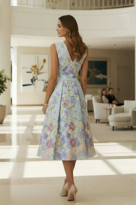 Geblümtes Jacquard-Midikleid in A-Linie mit V-Ausschnitt