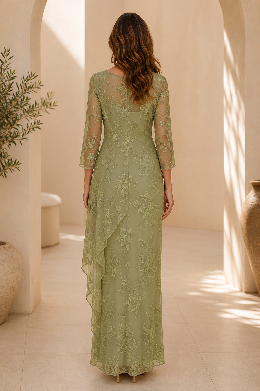 Illusion-Spitzenkleid mit U-Boot-Ausschnitt und seitlicher Raffung