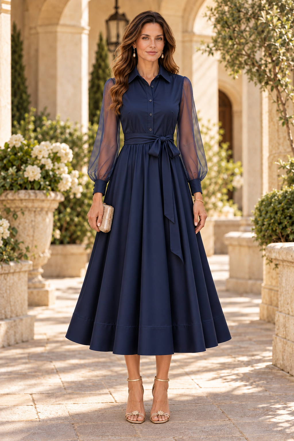 Sheer Long Sleeve Pleated A-Line Shirt Dress