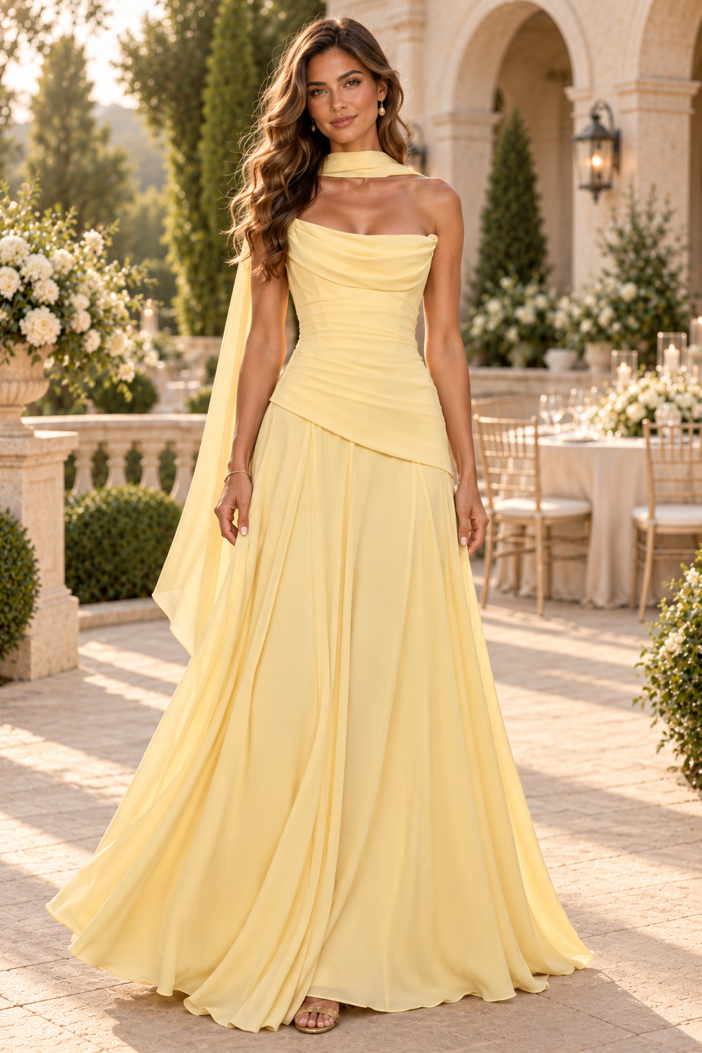 Cowl Neck Ruched Bodice Gown with Scarf