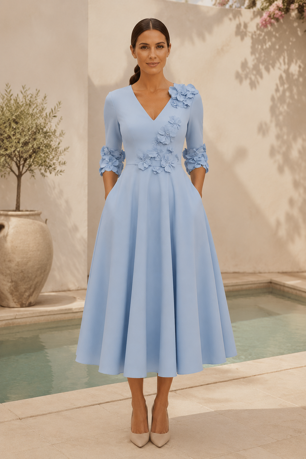 3D-Blumenapplikationen Midikleid mit 3/4-Ärmeln
