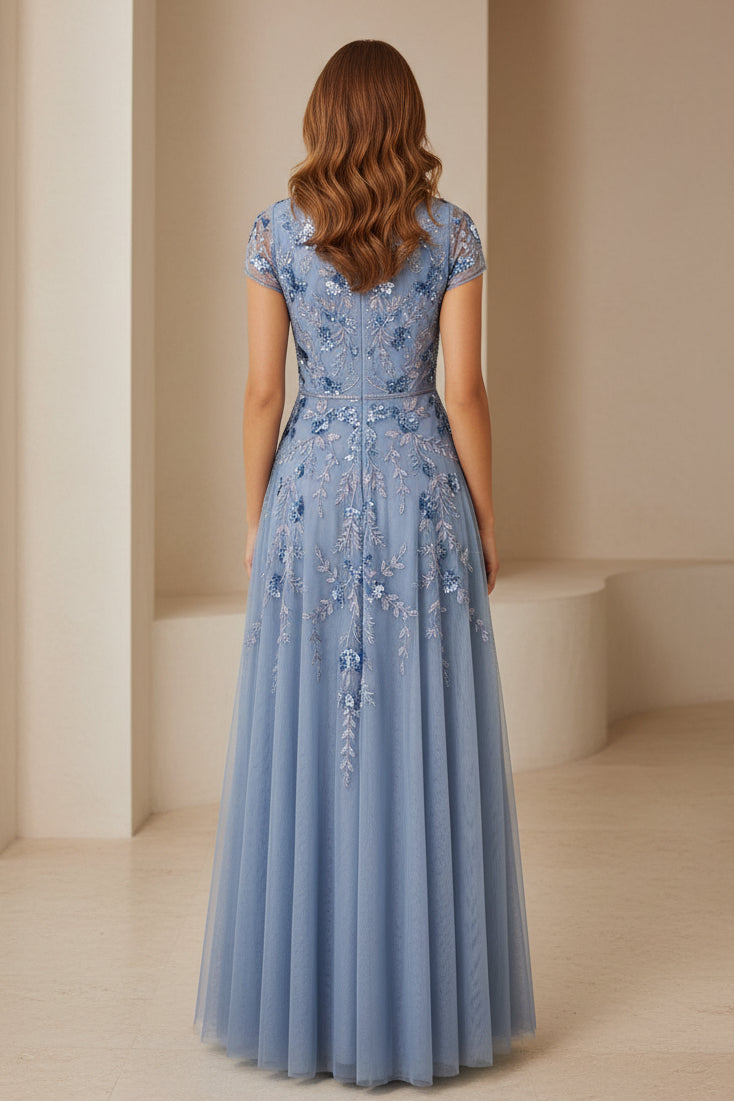 A-Linien Tüll Abendkleid mit Blumenstickerei