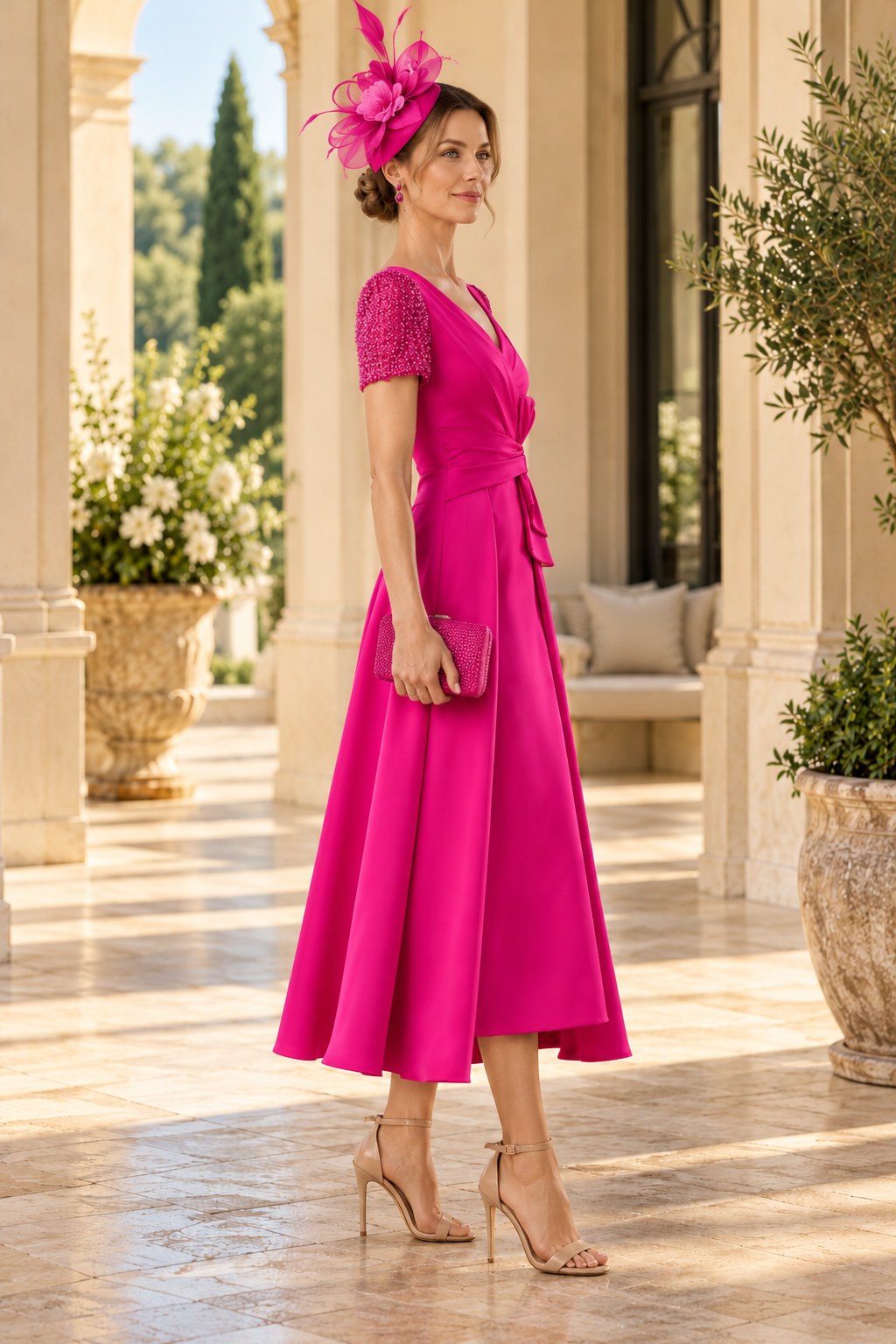A-Line Tea-Length Dress with Beaded Sleeves