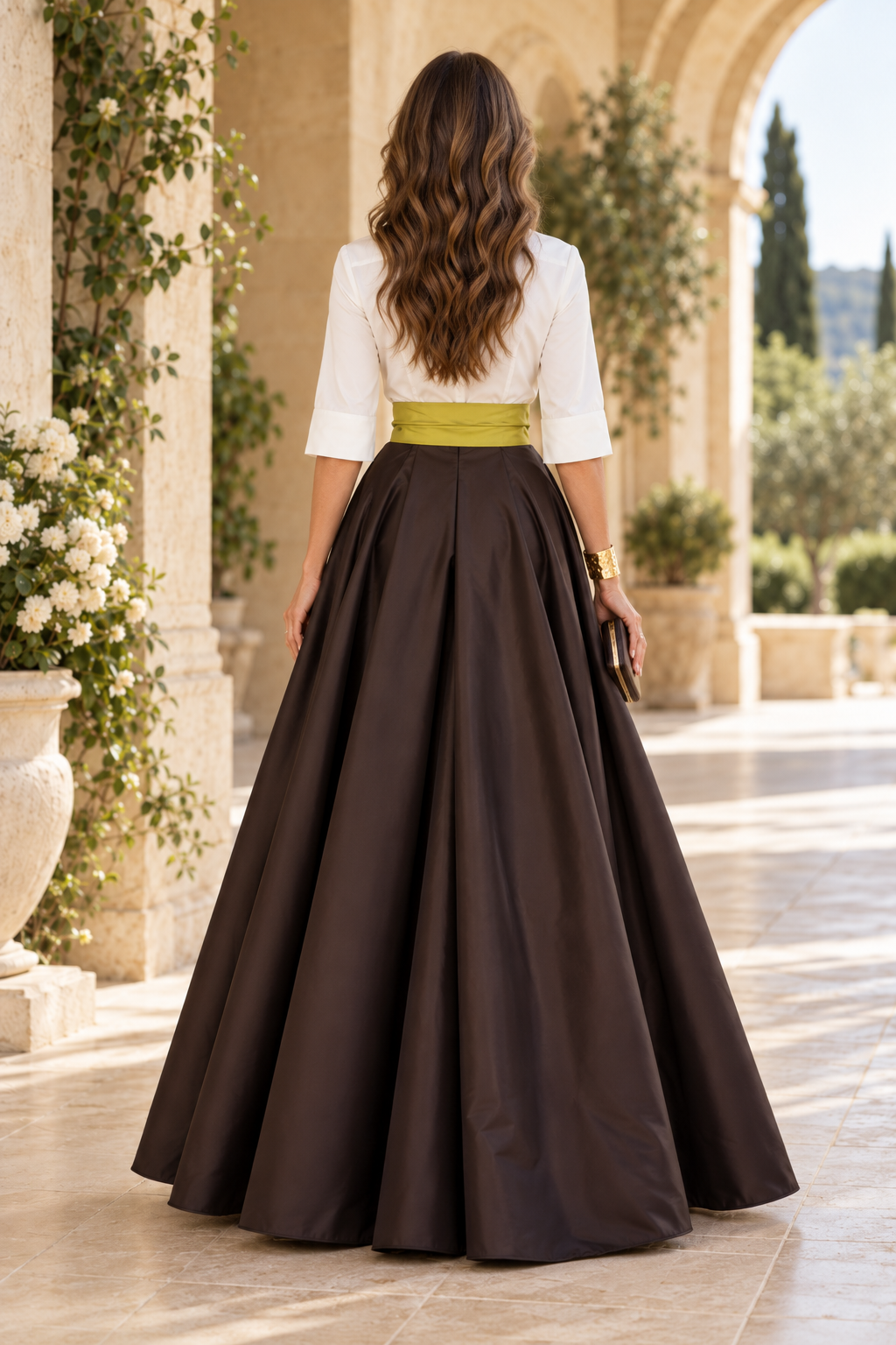 Collared Shirt Ball Gown with Bow Sash and Pockets