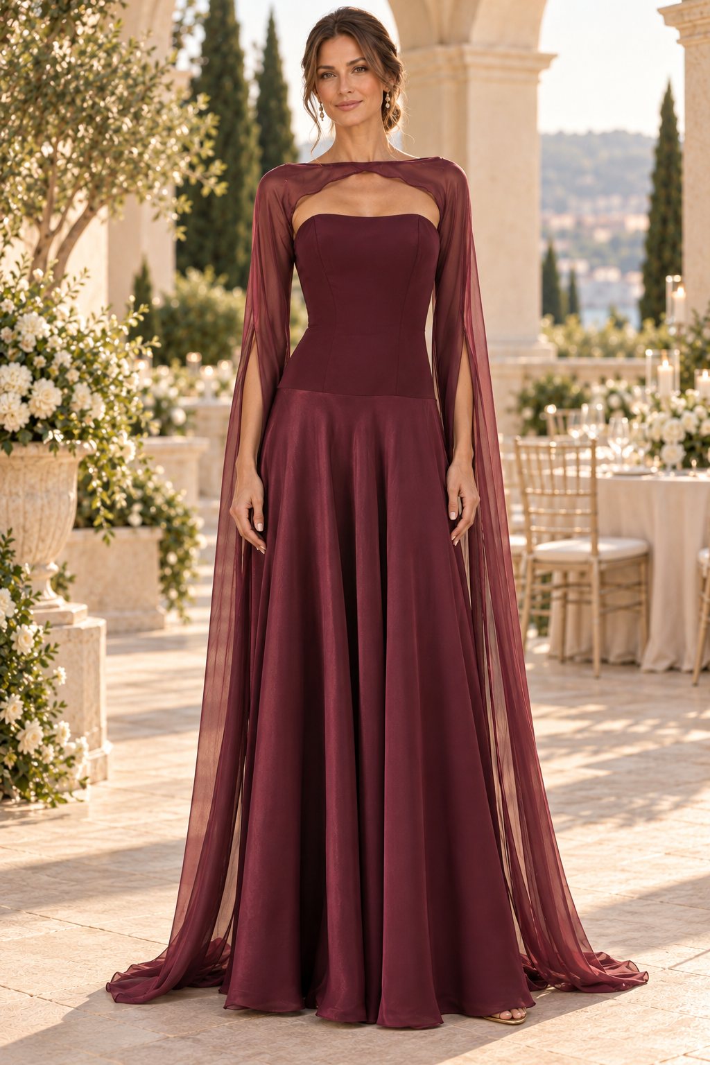 A-Line Gown with Cut-Out Neckline & Cape Sleeves