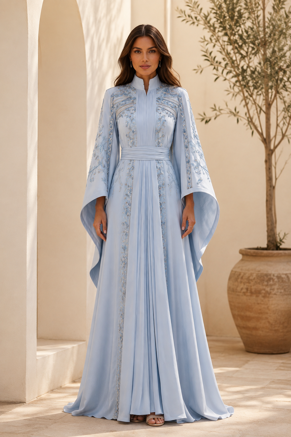 Besticktes A-Linien Abendkleid mit Stehkragen und ausgestellten Ärmeln