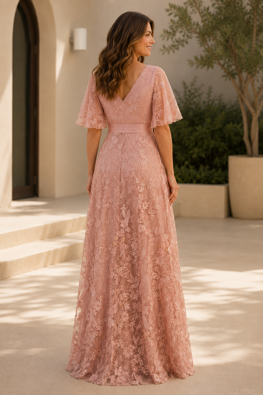 Abendkleid aus Spitze mit A-Linie und Flügelausschnitt