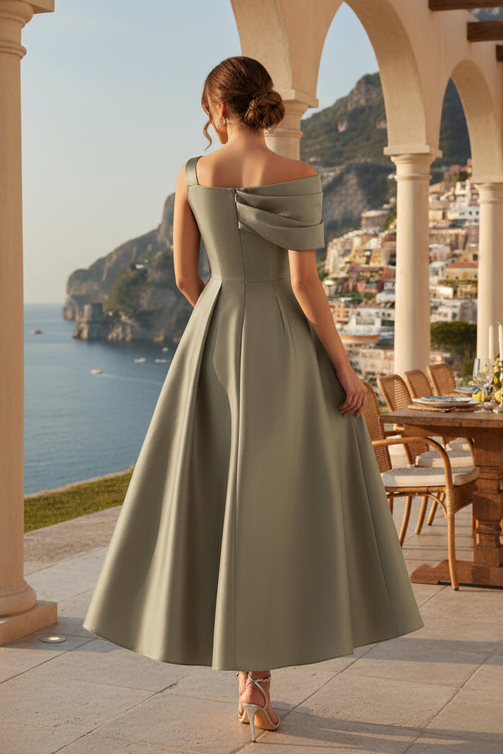 Satin-Midi-Kleid in A-Linie mit One-Shoulder-Träger und Schleife