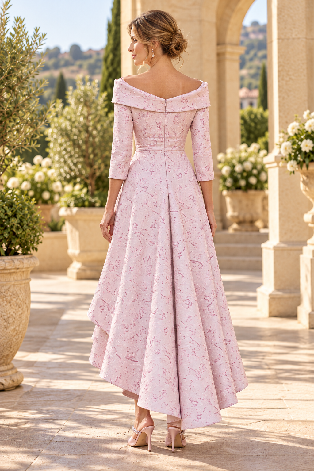 High-Low Jacquard Dress with Floral Applique