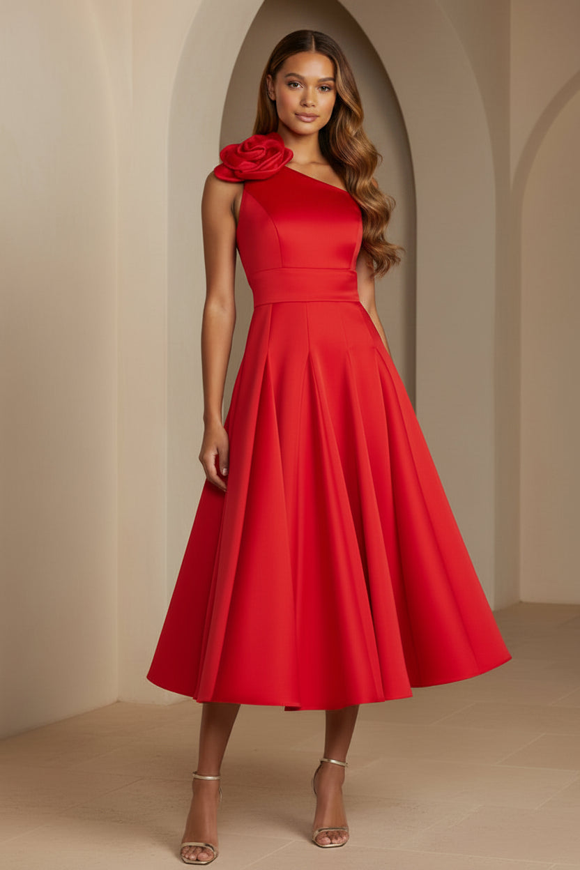 One-Shoulder Plisseekleid in Midilänge mit 3D-Blume
