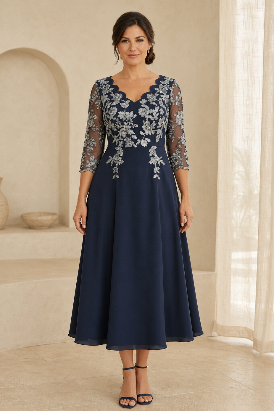 Wadenlanges Kleid mit gewelltem V-Ausschnitt und Spitzenapplikationen
