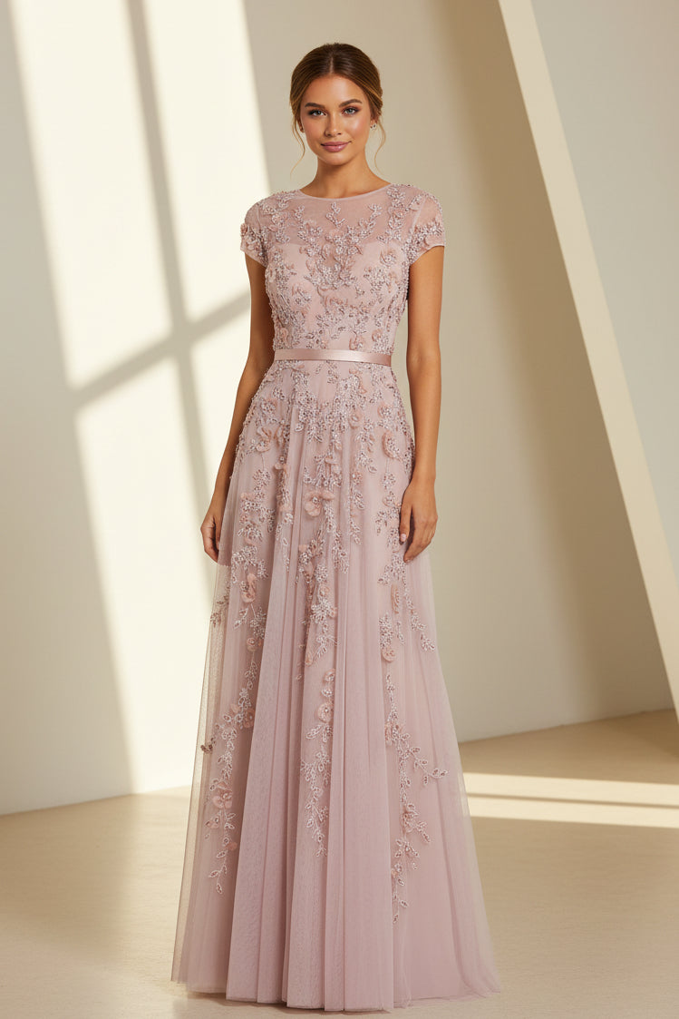 A-Linien-Kleid mit Cap-Ärmeln und 3D-Blumenapplikationen