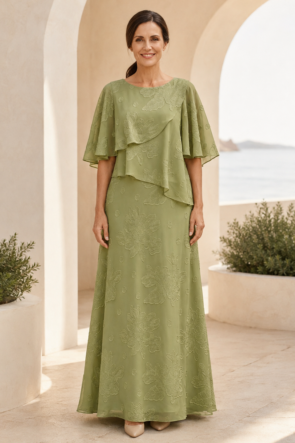 Geblümtes strukturiertes A-Linien-Kleid mit flatternden Cape-Ärmeln